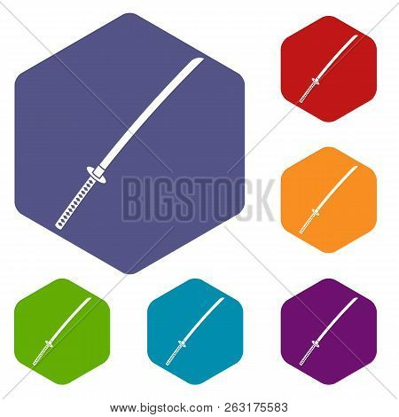 Japanese Katana Icons Set Hexagon Isolated Illustration