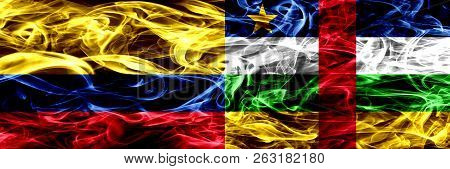 Colombia Vs Central African Republic Smoke Flags Placed Side By Side. Thick Colored Silky Smoke Flag