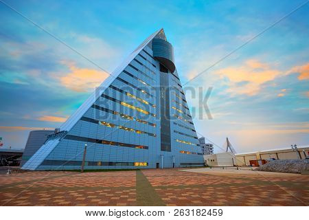 Aomori, Japan - April 23 2018: Aspam Is A Triangle-shaped Building After The Image Of The Letter “a”