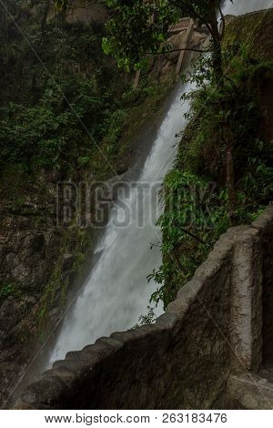 Waterfall On The Cascada Road In Banos, Ecuador