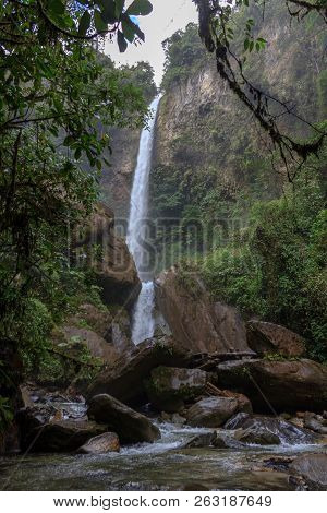 Waterfall On The Cascada Road In Banos, Ecuador