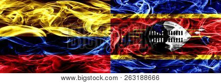 Colombia Vs Swaziland, Swazi Smoke Flags Placed Side By Side. Thick Colored Silky Smoke Flags Of Col