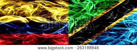 Colombia Vs Tanzania, Tanzanian Smoke Flags Placed Side By Side. Thick Colored Silky Smoke Flags Of 