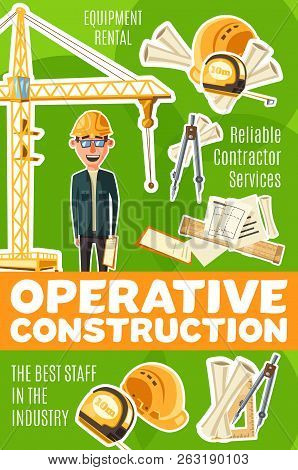 Builder Profession, Operative Construction Service. Man In Glasses And Helmet, Divider And Building 