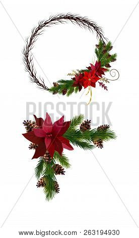 Christmas Decoration Set With Evergreen Treess Pine Cones And Poinsettia Isolated Vector
