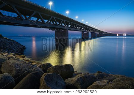 Oeresund Bridge Between Sweden And Denmark In The Evening