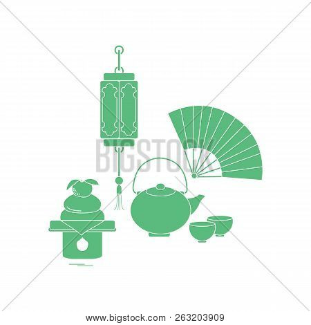 Eastern New Year Symbols. Chinese Lantern, Kettle With Two Cups, Fan, Kagami Mochi. Festive Traditio