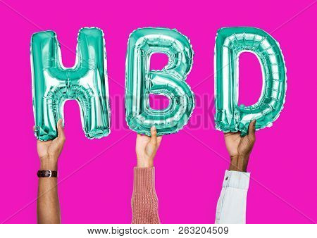 Green alphabet balloons forming the word HBD