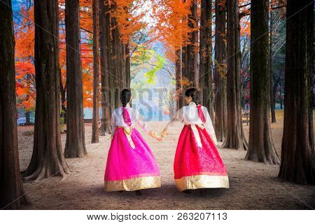 Korean Girl Walking In Nami Park In Nami Island, Seoul, South Korea