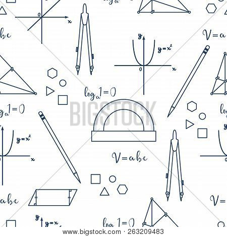 Mathematical Scientific Vector Seamless Pattern With Geometry Plots, Tools And Formulas. Education E