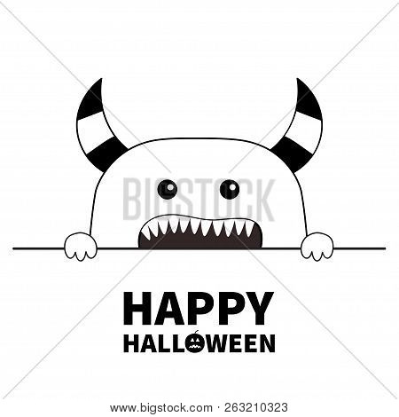 Happy Halloween. Monster Scary Face Head Icon. Hands Paw Holding Line. Horns, Fang Teeth. Cute Carto