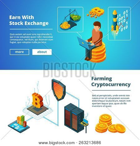 Cryptocurrency Business Banners. Global Ico Blockchain Crypto Digital Money Company Coins Mining Vec