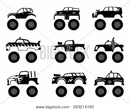 Monster Truck Automobile. Big Tires And Wheels Off Road Cartoon Car Toy For Kids Vector Monochrome B