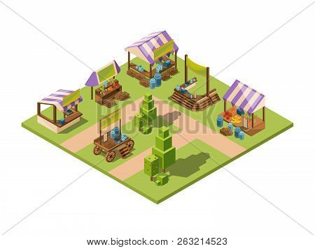 Outdoor Food Market. Isometric Local Farm Grocery Marketplaces With Vegetables Fruits Meat And Fish 