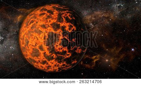 Landscape In Fantasy Alien Extremely Hot Exoplanet With Flaming Galaxy Background. Elements Of This 