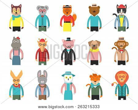Zoo Characters Hipsters. Cartoon Animals Front View Game Avatars Of Fox Bear Dog Giraffe Owl Cat And