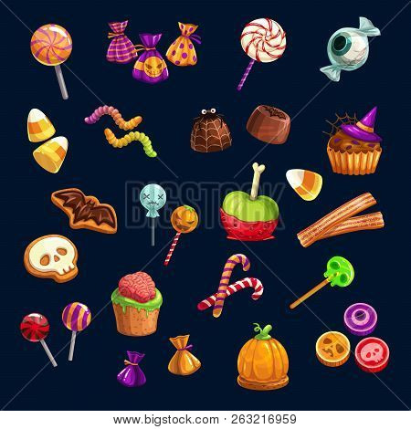Halloween Trick Or Treat Party Scary Candy Sweets And Lollipops. Vector Eye, Gingerbread Skull Or Mo