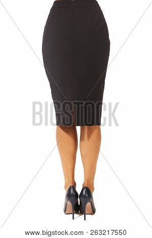 Official Midi Skirt Cut Close Up Photo On Model In Hith Heels Isolated On White Back View