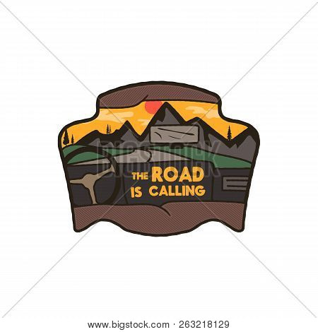 Wanderlust Logo Emblem. Road Trip Badge. Vintage Hand Drawn Travel Patch Design. Featuring Mountains