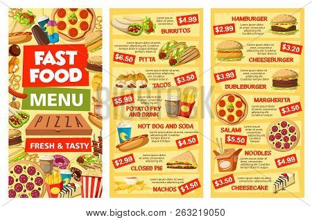 Fast Food Menu Templates Vector. Burritos And Pitta, Tacos, Potato Fry And Drink, Hot Dog And Soda, 