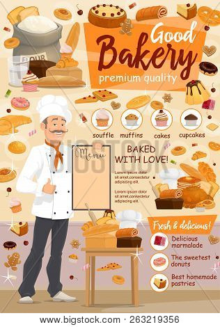 Baker With Mustache Holding Menu. Bakery And Pastry Shop. Wheat Flour Sack And Cake, Roll And Cheese