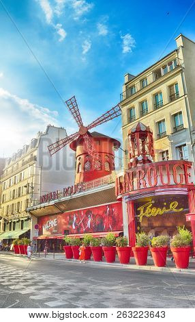 Paris, France - August 22, 2018: Moulin Rouge Cabaret, Paris - Hdr View From The Boulevard De Clichy