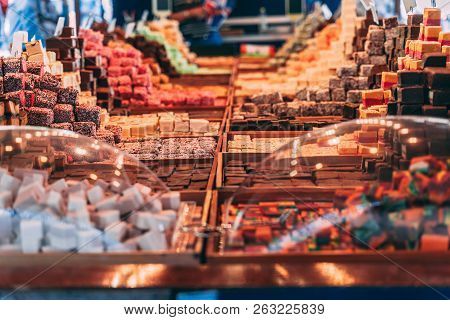 Candy Market In Midsummer. Various Sweets For Self-service