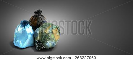Close Up Of Blue Garbage Bags 3d Render On Grey Background