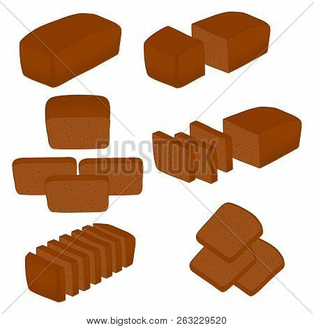 Vector Illustration Of Set Of Baked Bread, Dark Rye Brick, Soft Baguette For Bakery. Bread Consistin