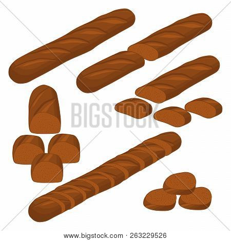 Vector Illustration Of Set Of Baked Bread, Dark Rye Brick, Soft Baguette For Bakery. Bread Consistin