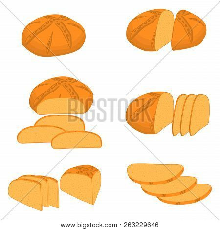 Vector Illustration Of Set Of Baked Bread, Dark Rye Brick, Soft Baguette For Bakery. Bread Consistin