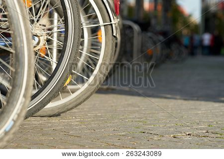 Bicycles In A Bicycle Rack In The City Center Of Leipzig In Germany