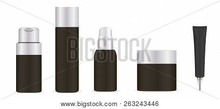 Black Cosmetic Bottles Set. Cream Jar, Shampoo Container, Foam Dispenser, Base Tube. Vector Mock Up 