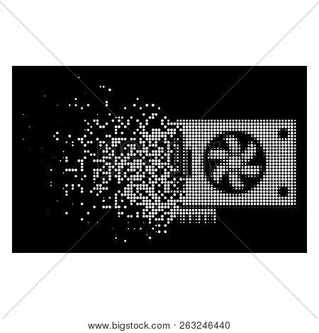 Videocard Icon With Dissipated Effect On Black Background. White Circle Dots Are Combined Into Vecto