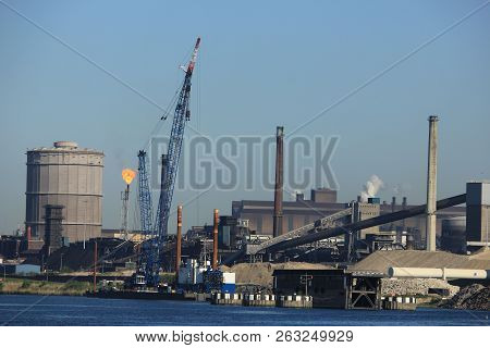 Ijmuiden, The Netherlands - May 8th 2018: Tata Steel Company In Ijmuiden, Factory Plant