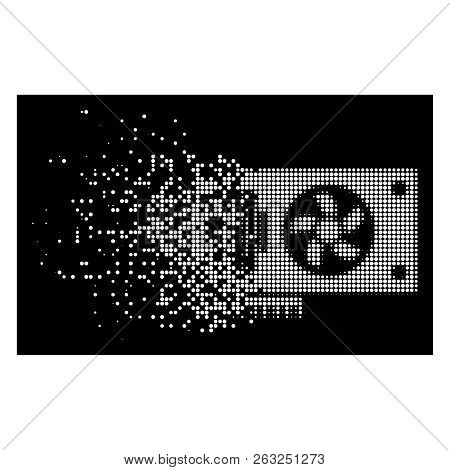 Videocard Icon With Dispersed Effect On Black Background. White Circle Dots Are Composed Into Vector