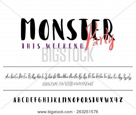 Its A Party Monster Banner. Hand Drawn Typeface Set Isolated On White. Vector Logo Font. Typography 
