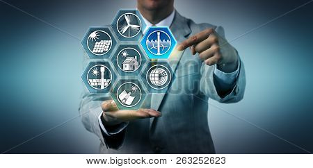 Businessman Selecting Tidal Power Generation Within The Mix Of Renewable Resources. Industry Concept
