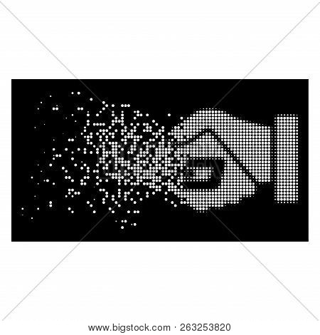 Dash Contract Hands Icon With Dissolved Effect On Black Background. White Particles Are Composed Int