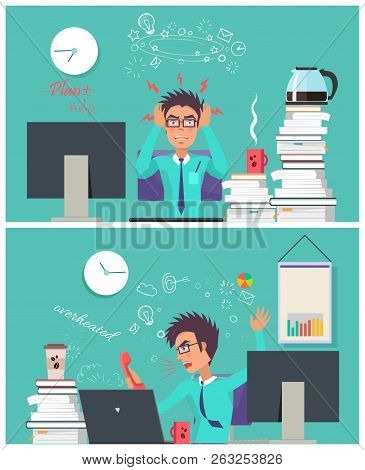 Stressed Businessman Collection, Worker Angry Because Of Working Problems And Tasks, Shouting At Pho