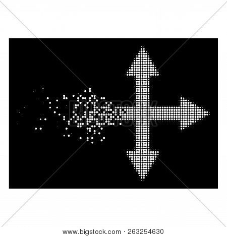 Quadro Arrows Icon With Disappearing Effect On Black Background. White Fragments Are Arranged Into V