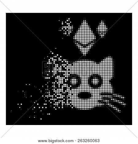 Ethereum Crypto Kitty Icon With Dissipated Effect On Black Background. White Pieces Are Composed Int