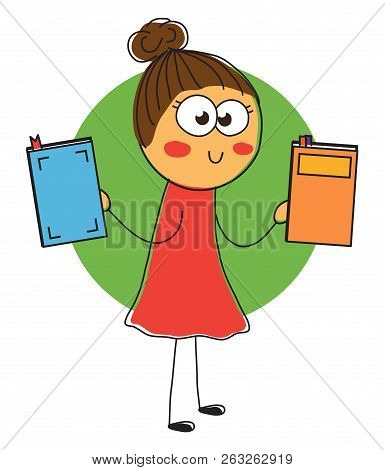 Cheerful Girl Holding Books In Her Hands. Illustration.