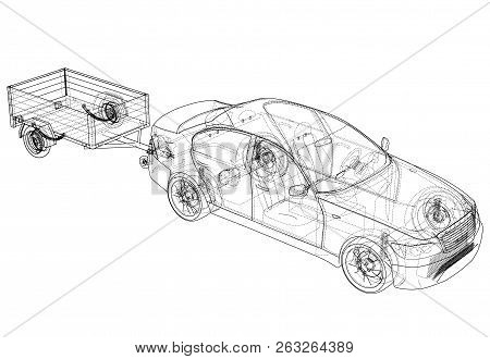Sedan With Open Trailer Sketch. Vector Rendering Of 3d. Wire-frame Style. The Layers Of Visible And 