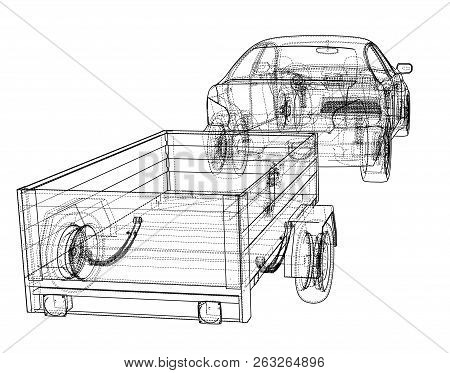 Sedan With Open Trailer Sketch. Vector Rendering Of 3d. Wire-frame Style. The Layers Of Visible And 