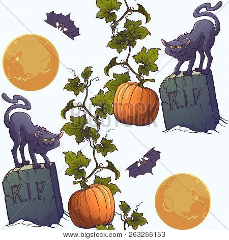 Halloween Seamless Pattern. Black Cats, Tombstones Bats And Moon. Vertical Rhythm. Isolated On White