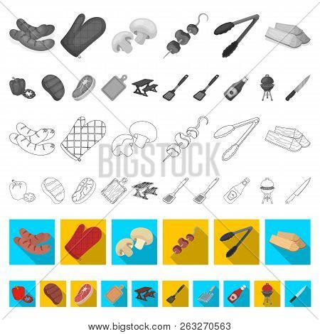 Barbecue And Equipment Flat Icons In Set Collection For Design. Picnic And Fried Food Vector Symbol 