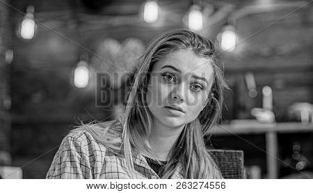 Blond Girl With Big Green Eyes, Angel Face And Gorgeous Hair Posing Indoors. Teenage Female With Amu