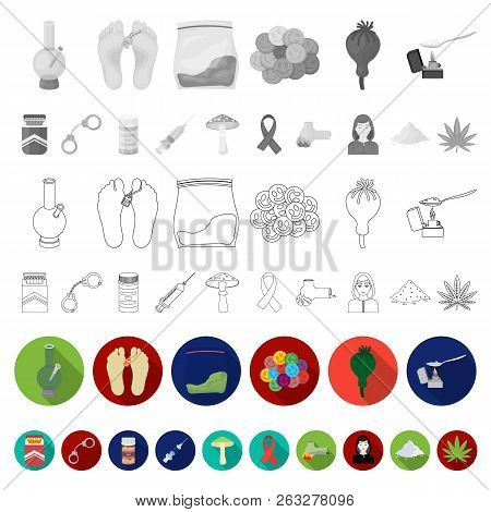 Drug Addiction And Attributes Flat Icons In Set Collection For Design. Addict And Drug Vector Symbol