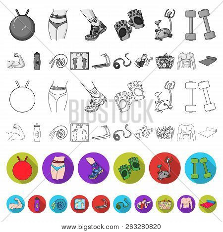 Fitness And Attributes Flat Icons In Set Collection For Design. Fitness Equipment Vector Symbol Stoc